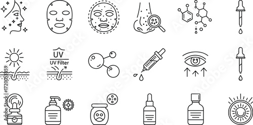 Set of thin line icons representing skincare, cosmetic products, and beauty treatments like face masks and serums