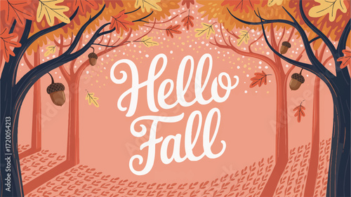 Vector art of hello fall lettering surrounded by autumn trees and acorns