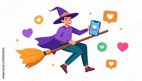 Charming witch flying on broom with social media icons around