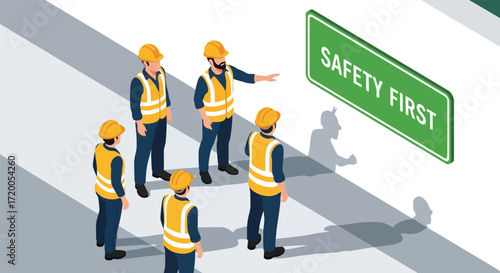 Construction workers reviewing safety sign in isometric perspective for project management