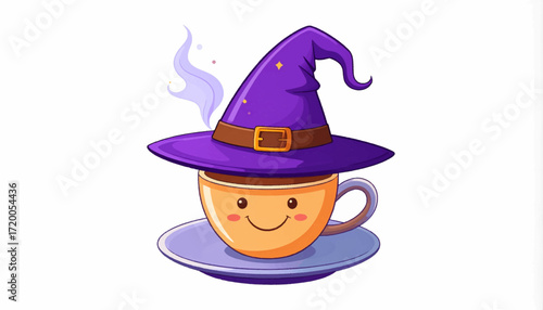 Cute cartoon coffee cup wearing a mystical purple witch's hat with enchanted steam, symbolizing a magical brew, ideal for autumn, Halloween, and cozy drink designs