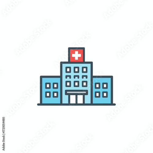 A simple and clean line icon of a hospital building with a red cross, suitable for medical or healthcare applications.