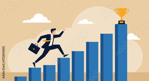 Businessman ascending bar chart towards golden trophy symbolizing success and achievement