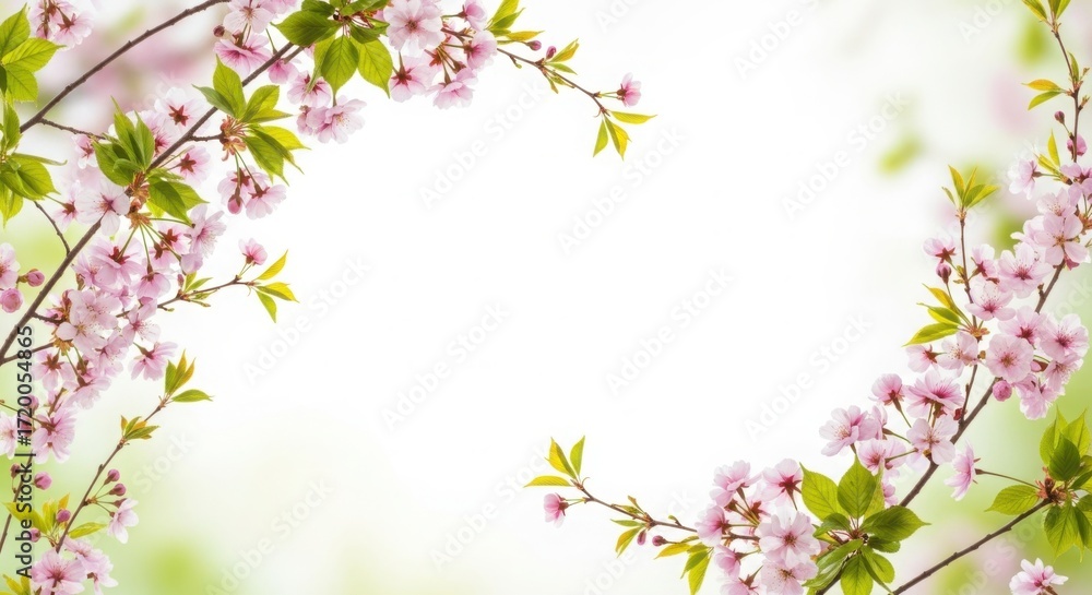 Fototapeta premium Delicate pink cherry blossoms frame a bright, airy white background
