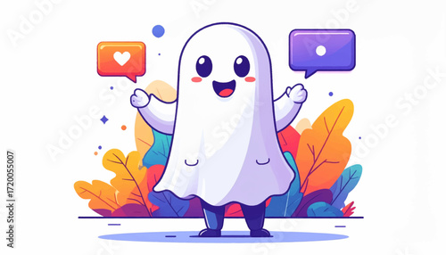 Friendly Ghost with Speech Bubbles Digital Illustration for Social Media Engagement