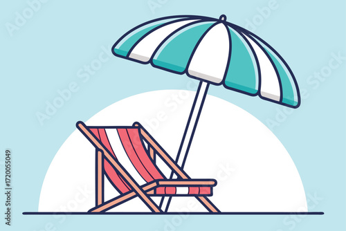 Beach Chair and Umbrella on a Light Blue Background Keywords: beach chair, deck chair, umbrella, beach