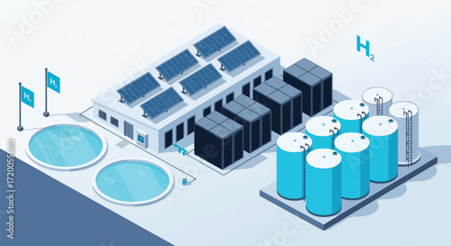 Modern industrial facility with solar panels water tanks and storage units isometric view