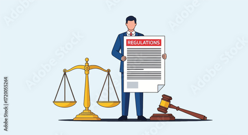 Lawyer holding legal document justice scales gavel symbolizing law and order