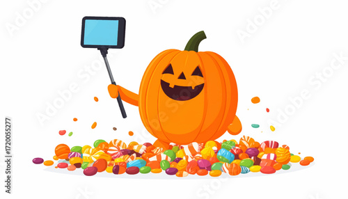 Festive Pumpkin Taking a Selfie Amidst Halloween Treats