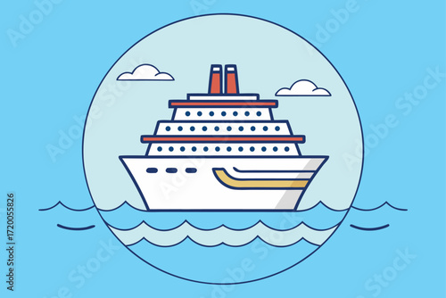 Cruise Ship Sailing on Blue Water Inside a Circle with Clouds boat ocean
