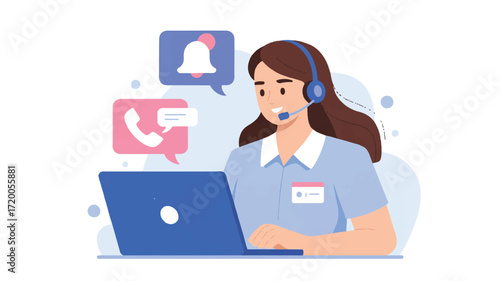 Vector art of customer service representative with headset and laptop
