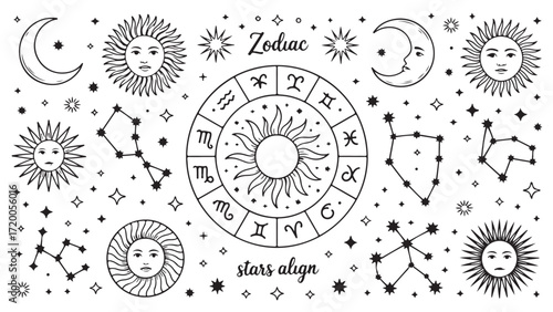 Celestial Zodiac wheel with sun moon stars and constellations representing astrology spirituality and the cosmos