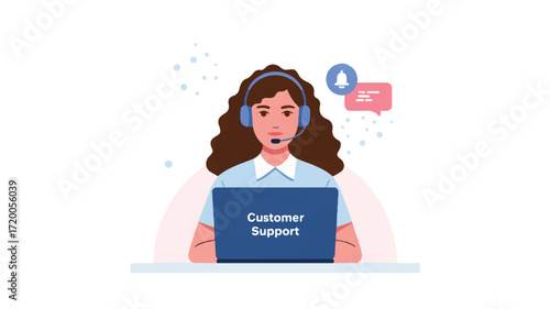 Vector art of customer support agent with headset and laptop
