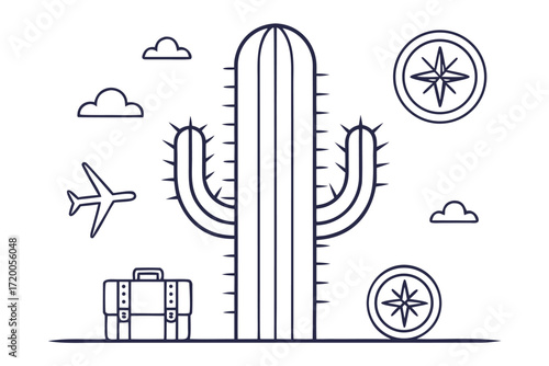 Desert landscape with cactus airplane compass and suitcase travel