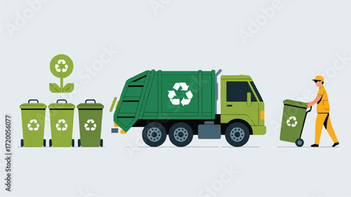Vector art of garbage truck collecting recycling bins with worker and plant