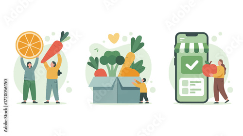 Vector art of people with fresh produce and online grocery shopping