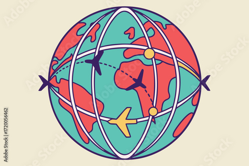 Globe with airplane routes and planes flying around the world earth travel