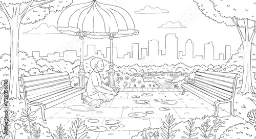 Rainy Day Park Scene Two Children under an Umbrella Enjoying the Puddles with City Skyline