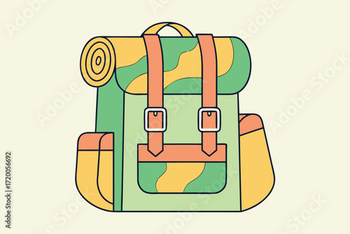Green and Yellow Camping Backpack with Rolled Sleeping Bag hiking travel