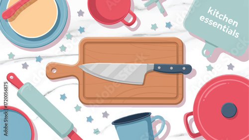 Vector art of kitchen essentials with knife, cutting board, and rolling pin