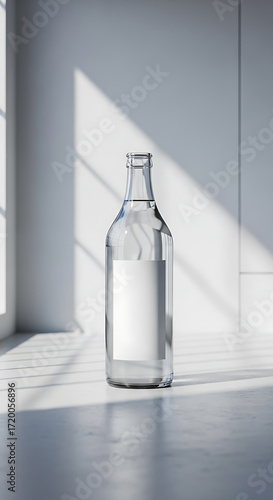Clear Glass Water Bottle with Blank Label on White Minimalist Background