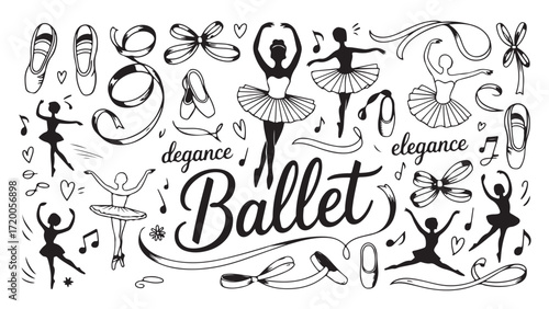 Elegant Ballet dancer silhouettes and accessories ribbons and pointe shoes graphic design elements representing grace art and elegance
