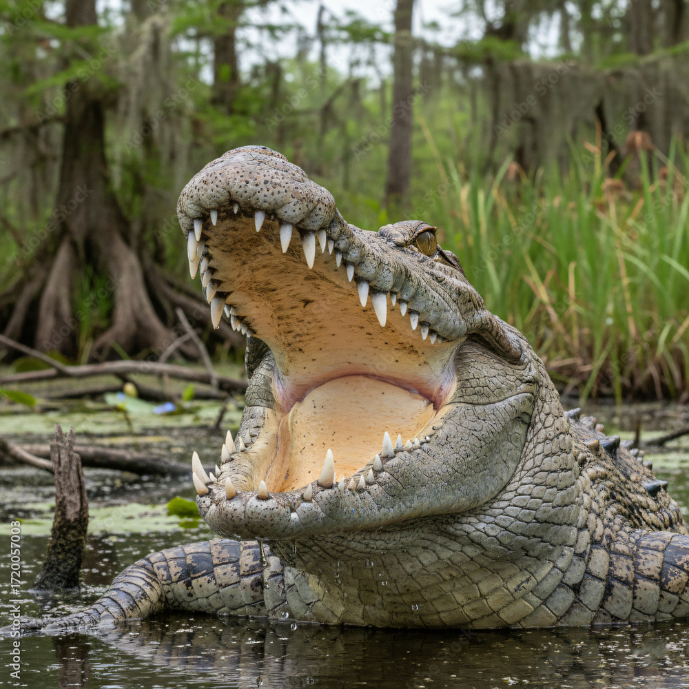 Obraz premium crocodile, reptile, wildlife, nature, animal, predator, teeth, jaws, swamp, marsh, water, scales, dangerous, outdoors, fauna, open mouth, wet, reflection, eye, close up, wild, tropical, carnivore, all