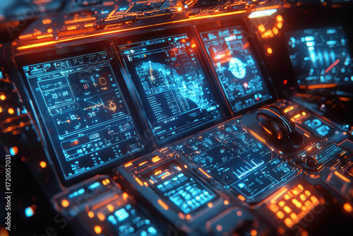 Computer screen aglow in blue and orange lights.