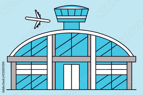 Modern airport building with a small airplane flying nearby terminal