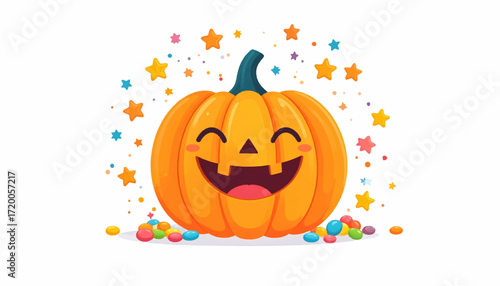 Joyful cartoon pumpkin character with a happy face, surrounded by festive confetti and stars. A cute vector illustration for the Halloween holiday