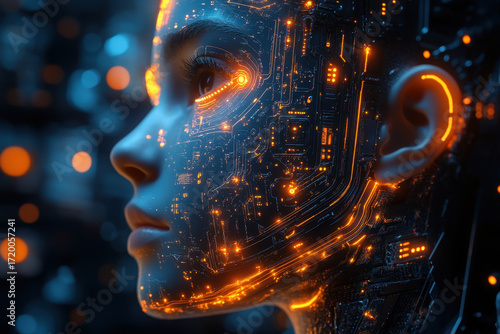 Woman's face with circuit in background.