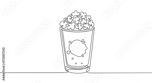 Line drawing of a glass filled with popcorn and soda on a white background with copy space