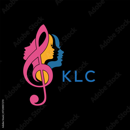 "Colorful Female Silhouettes with Treble Clef Music Symbol on Black Background – KLC Later Logo, Empowerment, Diversity & Art Concept"
