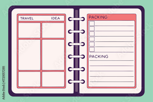 Open Travel Planner Notebook With Packing List and Idea Sections Keywords: travel planner, notebook, diary