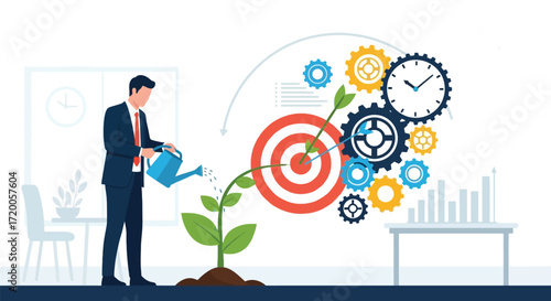 Businessman watering plant gears target symbolizing business growth and success strategy