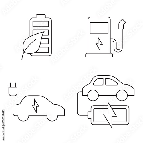 Outline Icon Set Charging Station and EV Power Status