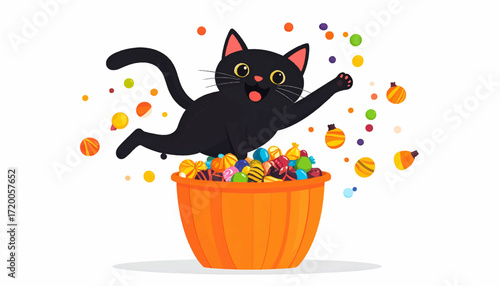A playful black cat joyfully leaping over a carved jack-o'-lantern pumpkin bucket filled with colorful Halloween candy