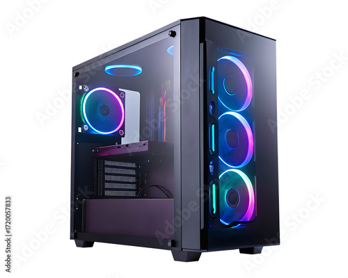 Gaming computer case with R G B fans isolated on a transparent background image