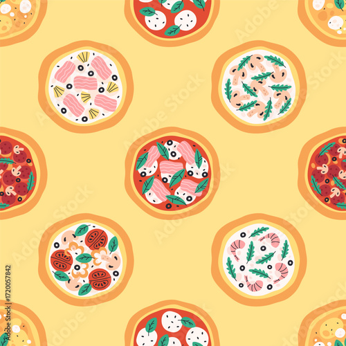 Seamless pattern with cute tasty hand drawn Italian pizza. Doodle pizza print for banner, wallpaper, textile, wrapping paper, background, cards. Vector illustration in flat style