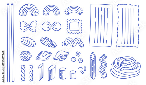 Outline different types of pasta. Hand drawn doodle macaroni, farfalle, penne, fusilli, stellino, ruot, ditalini. Italian cuisine gourmet food elements. Vector illustration in trendy flat style