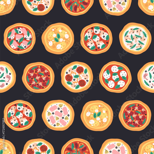 Seamless pattern with cute tasty hand drawn Italian pizza. Doodle pizza print for banner, wallpaper, textile, wrapping paper, background, cards. Vector illustration in flat style