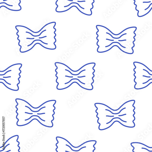 Seamless pattern with hand drawn doodle bow tie pasta. Italian cuisine gourmet food elements. Design for banner, wallpaper, wrapping paper, background, card, poster. Vector illustration in flat style
