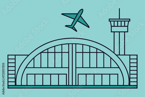 Stylized airport terminal building with airplane taking off aircraft
