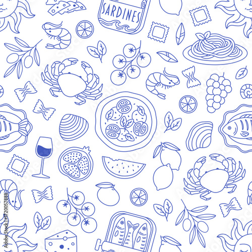 Seamless pattern with hand drawn mediterranean food. Lemons, pizza, sardines, grilled fish, shrimps, cherry tomatoes, olive branch, seafood. Italian dolce vita aesthetics. Vector illustration in flat 