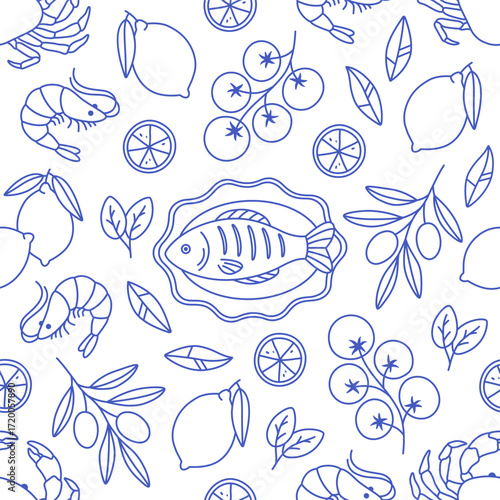 Seamless pattern with hand drawn mediterranean food. Lemons, grilled fish, shrimps, cherry tomatoes, olive branch. Italian dolce vita aesthetics. Vector illustration in flat style