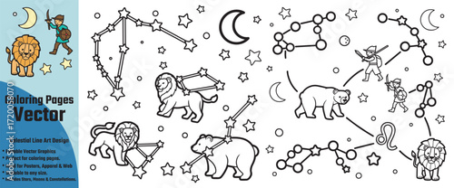 Fun hand drawn vector illustration of zodiac constellations for kids coloring pages with celestial bodies and cartoon characters
