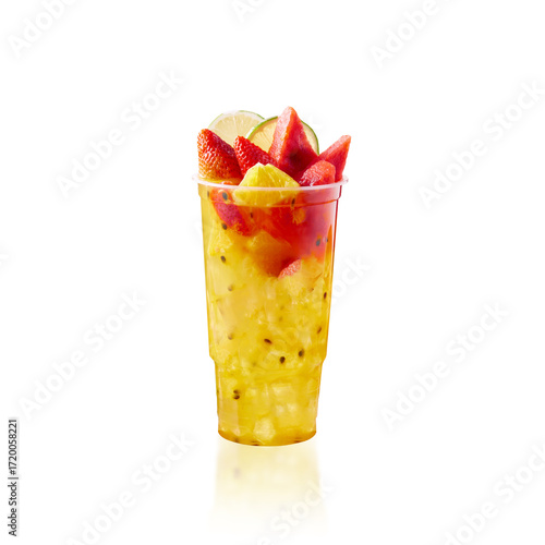 Cold fruit juice drink with pineapple, passion fruit, and watermelon, isolated cold fruit juice, summer beverages on white