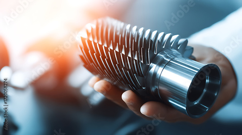 Hand holding a metallic heat sink component with finned structure in a workshop setting