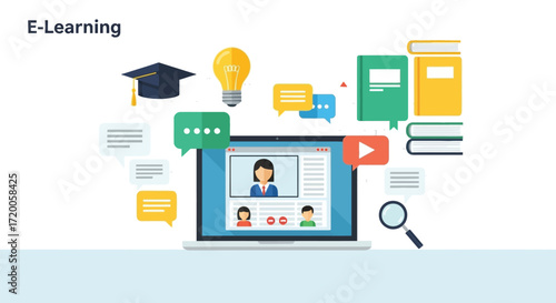 Online education concept featuring laptop video call graduation cap books and lightbulb for e-learning