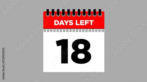 1 day left, calendar torn page flipping 2D animation, motion graphics running numbers counting days, 31 to 1 day to go, 4K HD video with Transparent background.